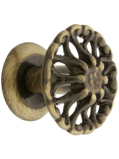 Cast Brass Ornate Cabinet Knob - 1 1/4 inch Diameter in Antique Brass.